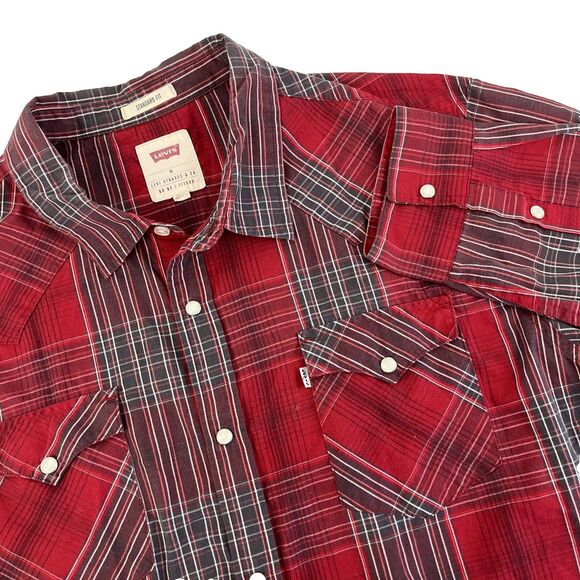 Mens Levi’s Red Plaid Long Sleeve Pearl Snap Shirt Size XL Cotton Blend Western - Picture 1 of 8